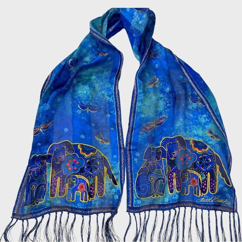 Laurel Burch Blue Multicolor Floral Dog Silk Scarf with Fringe